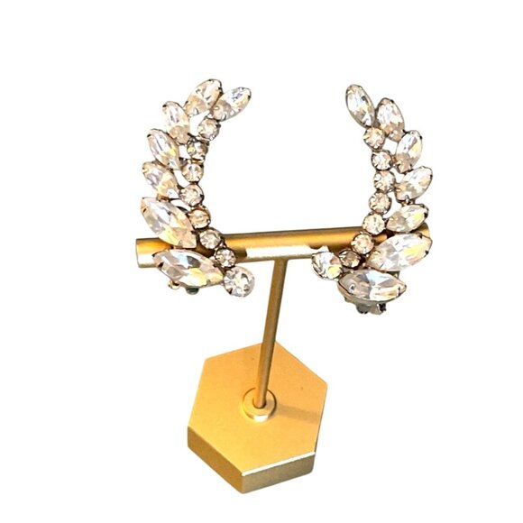 Vintage Weiss Clear Rhinestone Leaf Clip-On Earrings Silver Tone Elegant Design - Picture 1 of 8